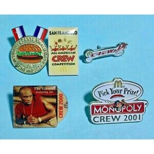 5 McDonalds CREW pins 2000,-2001 Monopoly,The Groove, SF Crew Competition +